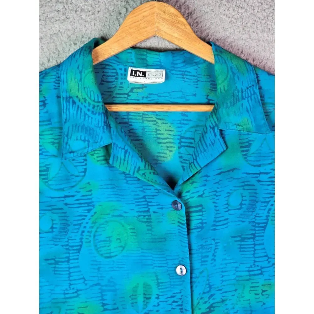IN Studio Blouse Teal XL Vintage 90s Border Print Boho Side Slits